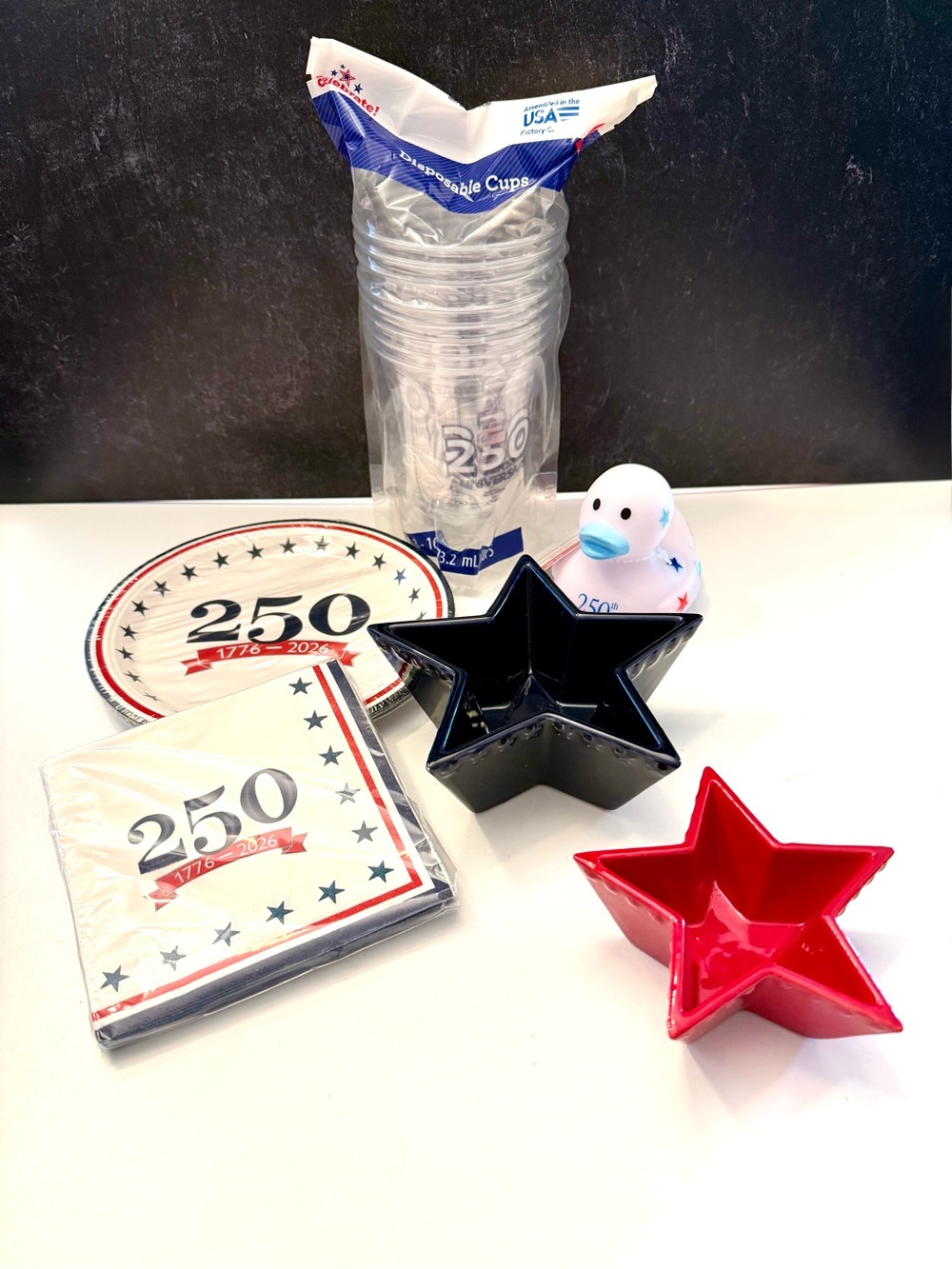 Celebrate 250 years Red & Blue Star Serving Bowls with Patriotic Plates & Cups